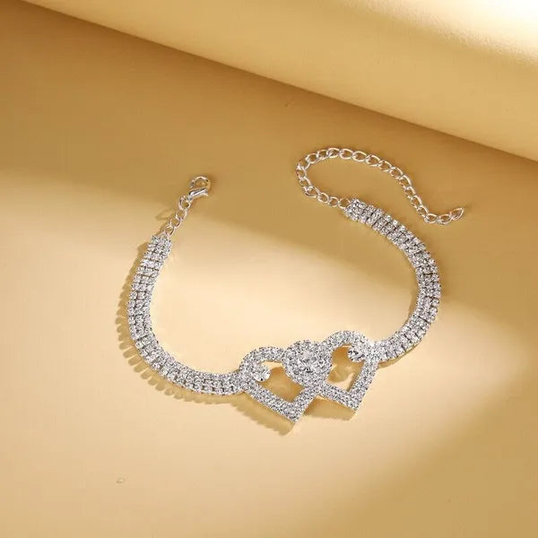 Double Heart Crystal Anklet Bracelet with Rhinestone Accents - product view 11
