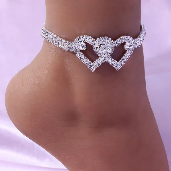 Double Heart Crystal Anklet Bracelet with Rhinestone Accents - product view 5