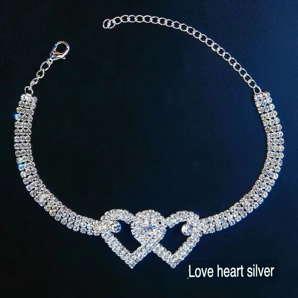 Double Heart Crystal Anklet Bracelet with Rhinestone Accents - product view 6