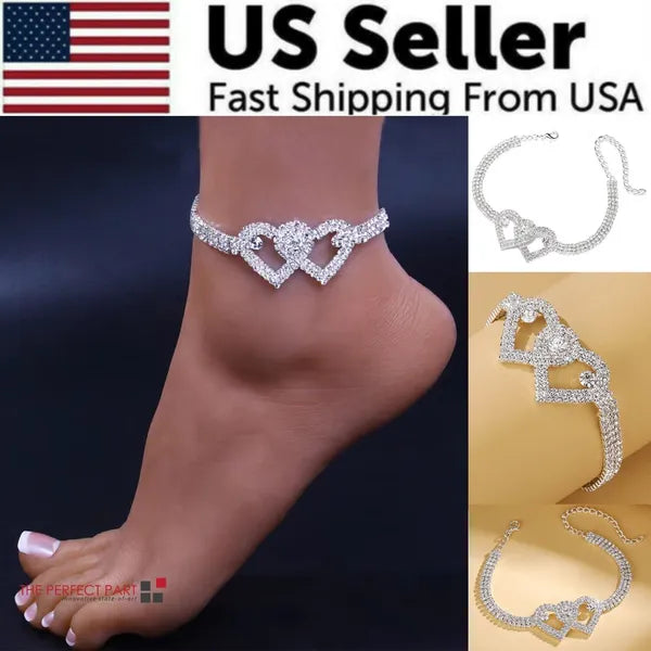 Double Heart Crystal Anklet Bracelet with Rhinestone Accents