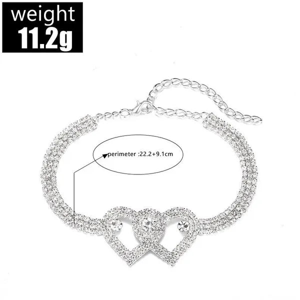 Double Heart Crystal Anklet Bracelet with Rhinestone Accents - product view 9