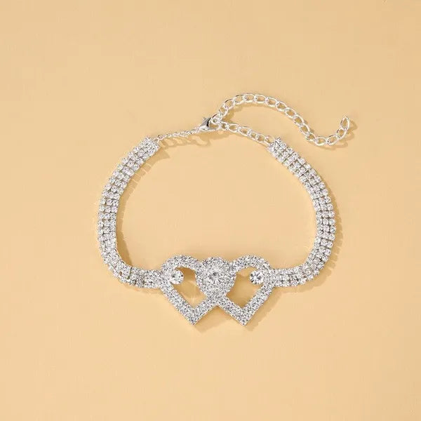 Double Heart Crystal Anklet Bracelet with Rhinestone Accents - product view 8