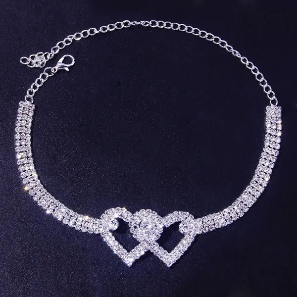 Double Heart Crystal Anklet Bracelet with Rhinestone Accents - product view 3