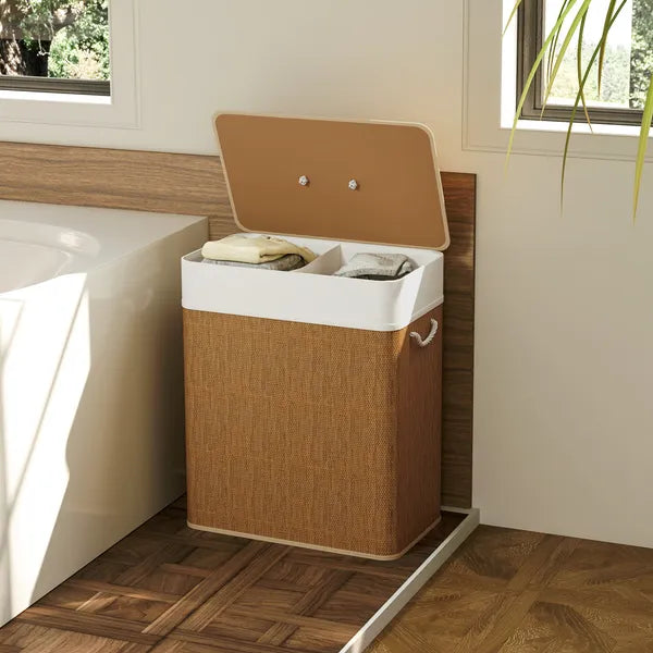 HOMCOM Double Laundry Basket with Lid, 26.4 Gallon Bamboo Laundry Hamper with Rope Handles and Removable Liner, Brown - product image 8