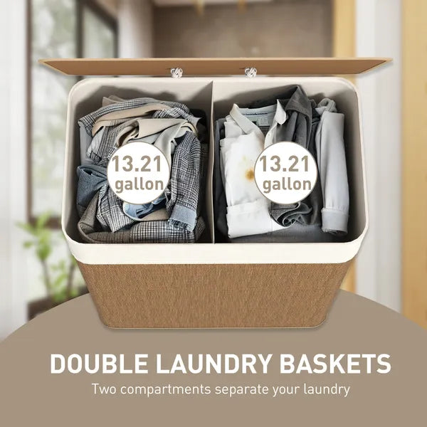 HOMCOM Double Laundry Basket with Lid, 26.4 Gallon Bamboo Laundry Hamper with Rope Handles and Removable Liner, Brown - product image 4