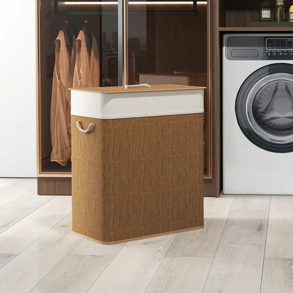 HOMCOM Double Laundry Basket with Lid, 26.4 Gallon Bamboo Laundry Hamper with Rope Handles and Removable Liner, Brown - product image 10