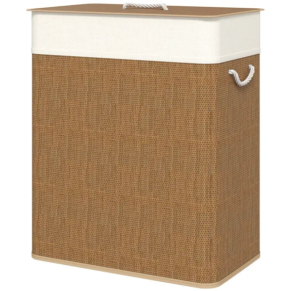 HOMCOM Double Laundry Basket with Lid, 26.4 Gallon Bamboo Laundry Hamper with Rope Handles and Removable Liner, Brown - product image 1