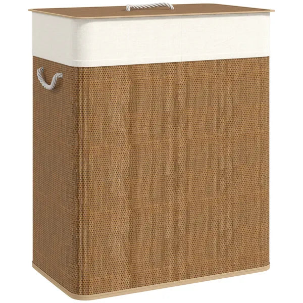 HOMCOM Double Laundry Basket with Lid, 26.4 Gallon Bamboo Laundry Hamper with Rope Handles and Removable Liner, Brown - product image 11