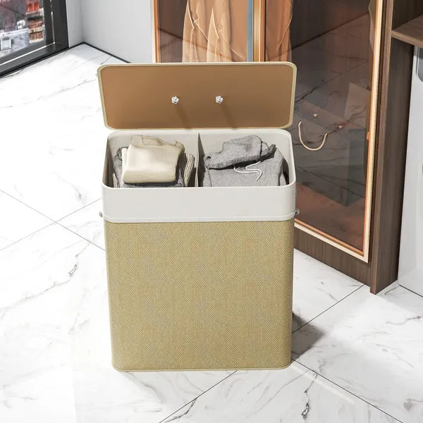 HOMCOM Double Laundry Basket with Lid, 26.4 Gallon Bamboo Laundry Hamper with Rope Handles and Removable Liner, Natural - product image 9