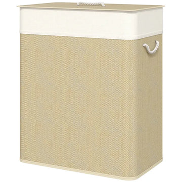 HOMCOM Double Laundry Basket with Lid, 26.4 Gallon Bamboo Laundry Hamper with Rope Handles and Removable Liner, Natural - product image 1