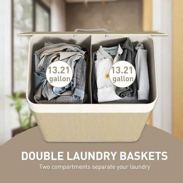 HOMCOM Double Laundry Basket with Lid, 26.4 Gallon Bamboo Laundry Hamper with Rope Handles and Removable Liner, Natural - product image 4