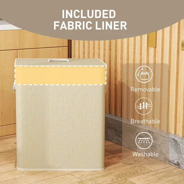 HOMCOM Double Laundry Basket with Lid, 26.4 Gallon Bamboo Laundry Hamper with Rope Handles and Removable Liner, Natural - product image 7