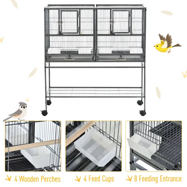 PawHut Double Rolling Metal Bird Cage Large 40.25" H with Storage Shelf Wood Perch Food Container Wheels Black Gray - product image 4