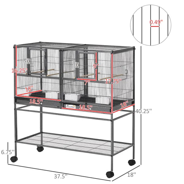 PawHut Double Rolling Metal Bird Cage Large 40.25" H with Storage Shelf Wood Perch Food Container Wheels Black Gray - product image 3