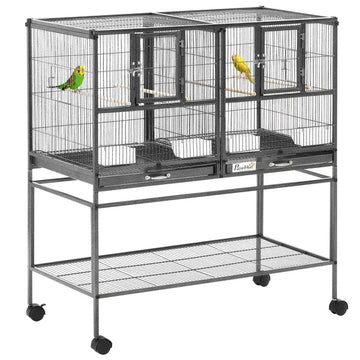 PawHut Double Rolling Metal Bird Cage Large 40.25" H with Storage Shelf Wood Perch Food Container Wheels Black Gray - product image 1