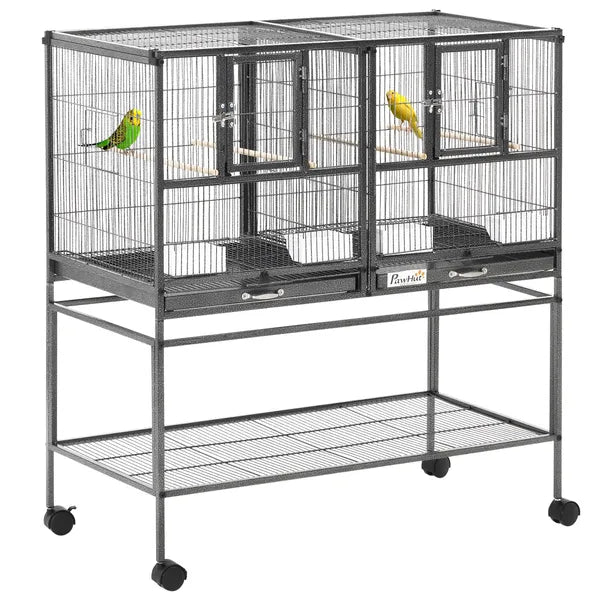 PawHut Double Rolling Metal Bird Cage Large 40.25" H with Storage Shelf Wood Perch Food Container Wheels Black Gray - product image 1