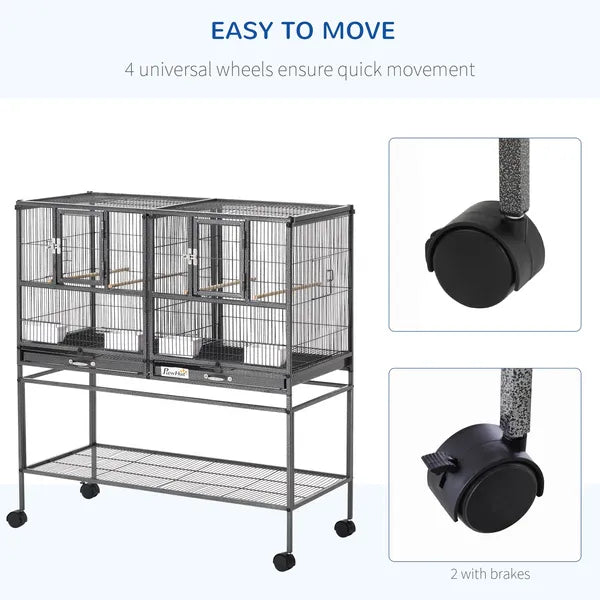 PawHut Double Rolling Metal Bird Cage Large 40.25" H with Storage Shelf Wood Perch Food Container Wheels Black Gray - product image 6