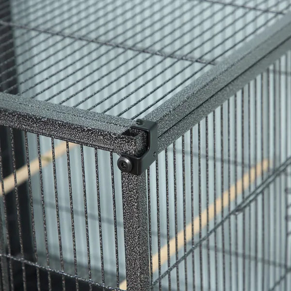 PawHut Double Rolling Metal Bird Cage Large 40.25" H with Storage Shelf Wood Perch Food Container Wheels Black Gray - product image 8