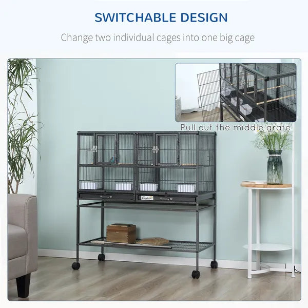 PawHut Double Rolling Metal Bird Cage Large 40.25" H with Storage Shelf Wood Perch Food Container Wheels Black Gray - product image 7
