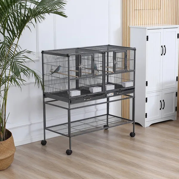 PawHut Double Rolling Metal Bird Cage Large 40.25" H with Storage Shelf Wood Perch Food Container Wheels Black Gray - product image 2