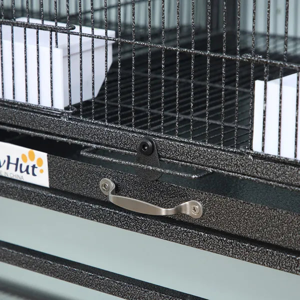 PawHut Double Rolling Metal Bird Cage Large 40.25" H with Storage Shelf Wood Perch Food Container Wheels Black Gray - product image 9
