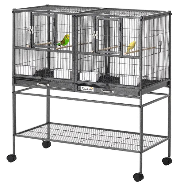 PawHut Double Rolling Metal Bird Cage Large 40.25" H with Storage Shelf Wood Perch Food Container Wheels Black Gray - product image 11