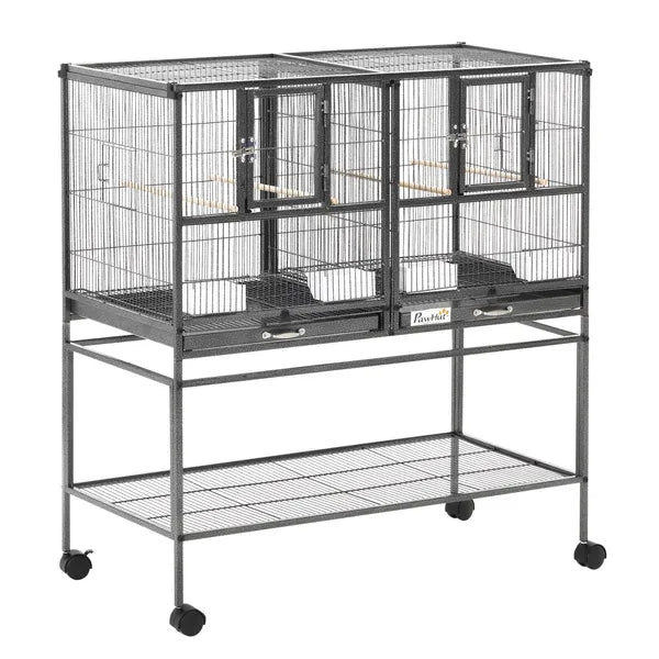 PawHut Double Rolling Metal Bird Cage Large 40.25" H with Storage Shelf Wood Perch Food Container Wheels Black Gray - product image 12