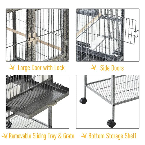 PawHut Double Rolling Metal Bird Cage Large 40.25" H with Storage Shelf Wood Perch Food Container Wheels Black Gray - product image 5