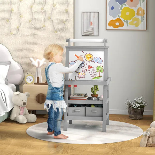 Double Sided Easel for Kids, Standing Toddler Easel with Paper Roll, Magnetic Whiteboard, Chalkboard and Storage, Gray - product image 2