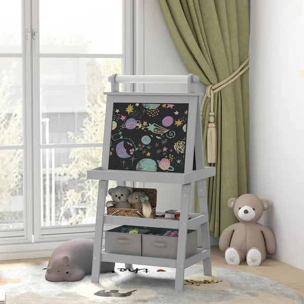 Double Sided Easel for Kids, Standing Toddler Easel with Paper Roll, Magnetic Whiteboard, Chalkboard and Storage, Gray - product image 10