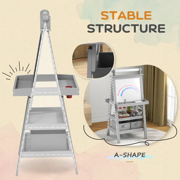 Double Sided Easel for Kids, Standing Toddler Easel with Paper Roll, Magnetic Whiteboard, Chalkboard and Storage, Gray - product image 7