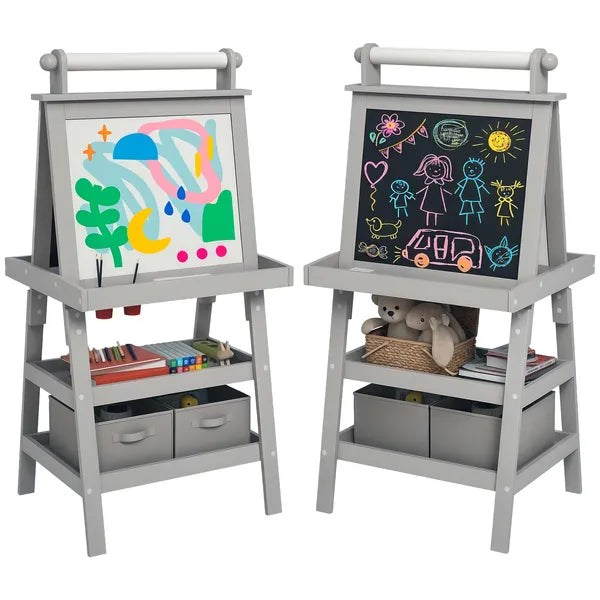Double Sided Easel for Kids, Standing Toddler Easel with Paper Roll, Magnetic Whiteboard, Chalkboard and Storage, Gray - product image 11