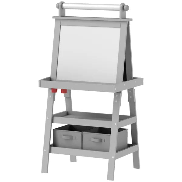 Double Sided Easel for Kids, Standing Toddler Easel with Paper Roll, Magnetic Whiteboard, Chalkboard and Storage, Gray - product image 1