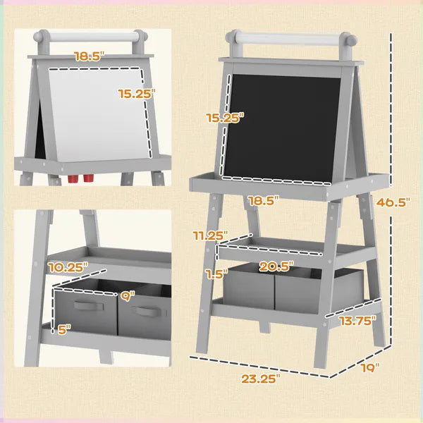Double Sided Easel for Kids, Standing Toddler Easel with Paper Roll, Magnetic Whiteboard, Chalkboard and Storage, Gray - product image 3