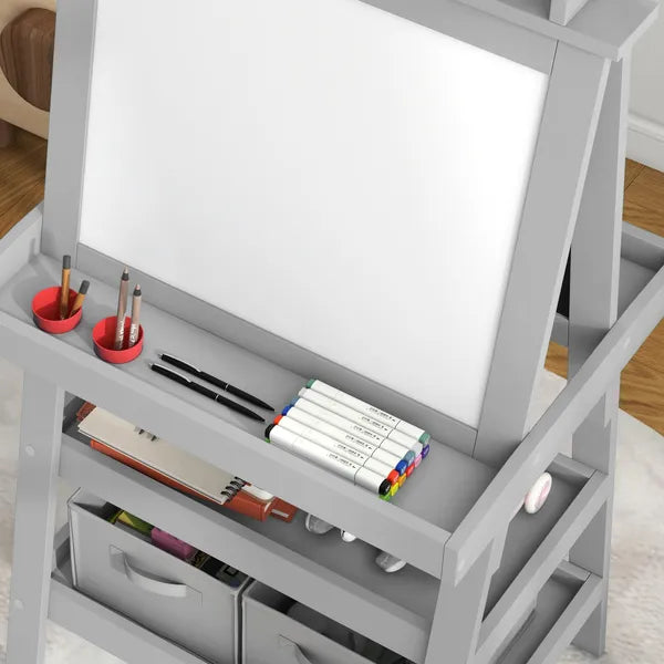 Double Sided Easel for Kids, Standing Toddler Easel with Paper Roll, Magnetic Whiteboard, Chalkboard and Storage, Gray - product image 8