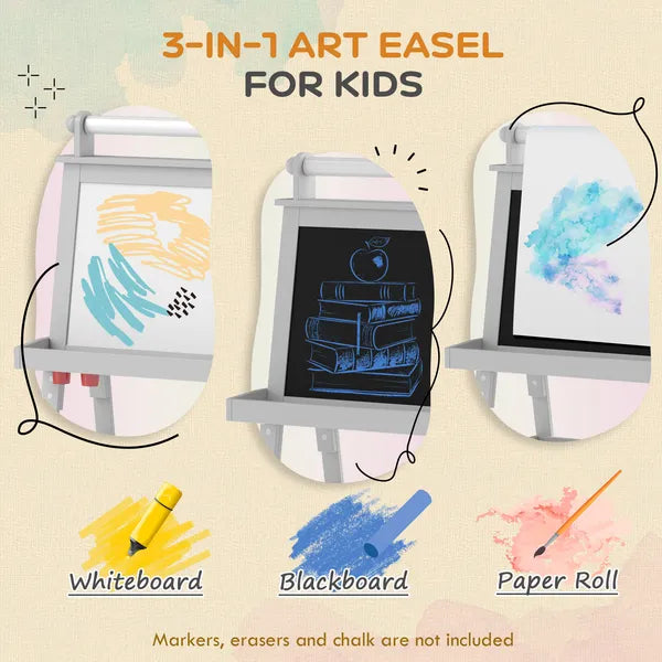 Double Sided Easel for Kids, Standing Toddler Easel with Paper Roll, Magnetic Whiteboard, Chalkboard and Storage, Gray - product image 4
