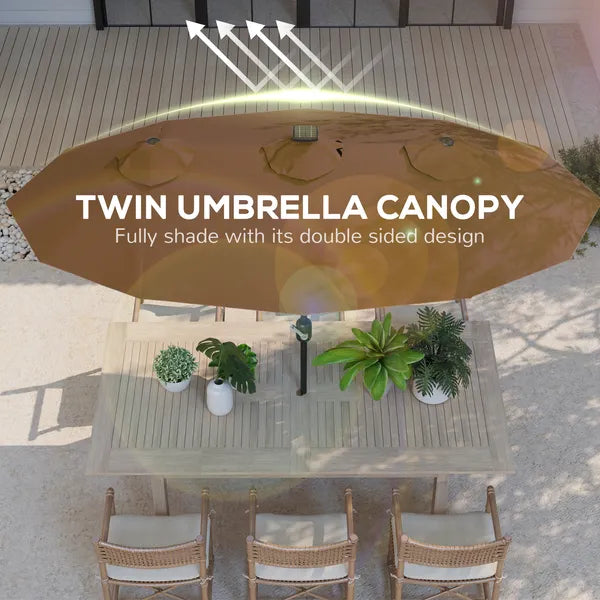 Outsunny Double-sided Patio Umbrella, 9.7 ft. Outdoor Umbrella with 45-Degree Tilt and Crank, LED Solar Light and 12 Ribs, Coffee - product image 5