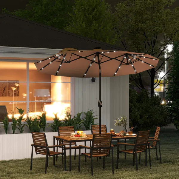 Outsunny Double-sided Patio Umbrella, 9.7 ft. Outdoor Umbrella with 45-Degree Tilt and Crank, LED Solar Light and 12 Ribs, Coffee - product image 2