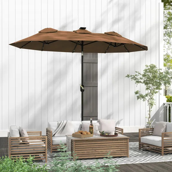 Outsunny Double-sided Patio Umbrella, 9.7 ft. Outdoor Umbrella with 45-Degree Tilt and Crank, LED Solar Light and 12 Ribs, Coffee - product image 9