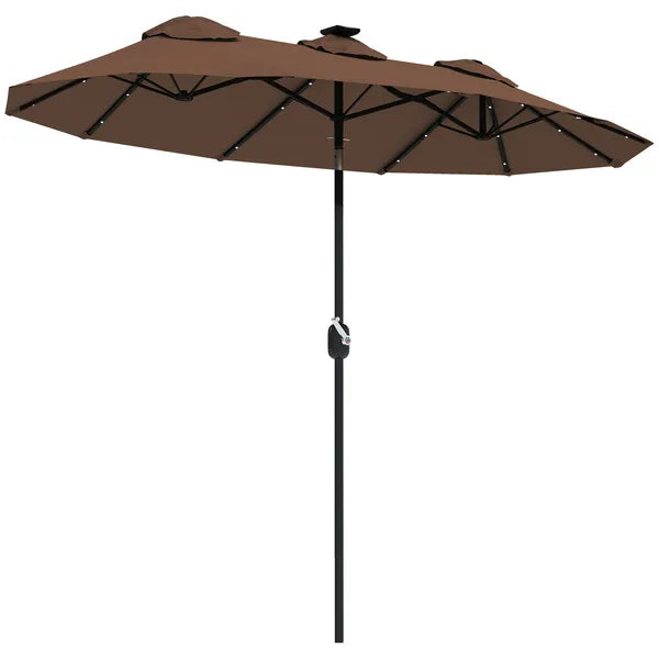 Outsunny Double-sided Patio Umbrella, 9.7 ft. Outdoor Umbrella with 45-Degree Tilt and Crank, LED Solar Light and 12 Ribs, Coffee - product image 1