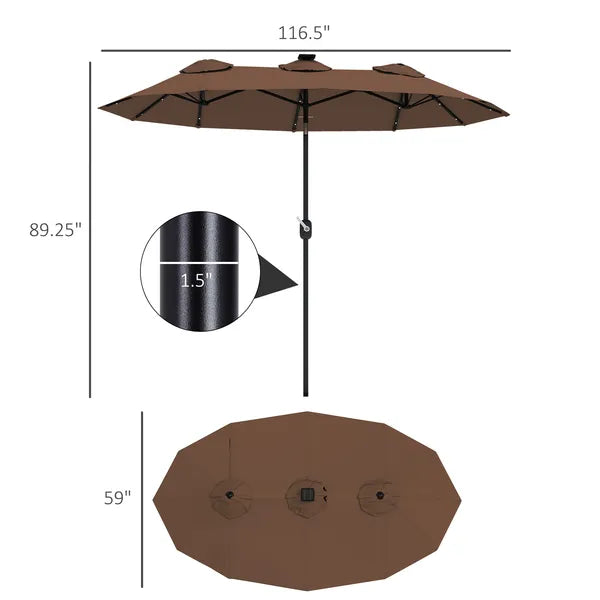 Outsunny Double-sided Patio Umbrella, 9.7 ft. Outdoor Umbrella with 45-Degree Tilt and Crank, LED Solar Light and 12 Ribs, Coffee - product image 3