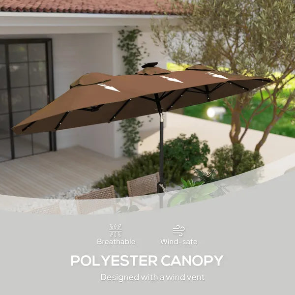 Outsunny Double-sided Patio Umbrella, 9.7 ft. Outdoor Umbrella with 45-Degree Tilt and Crank, LED Solar Light and 12 Ribs, Coffee - product image 7