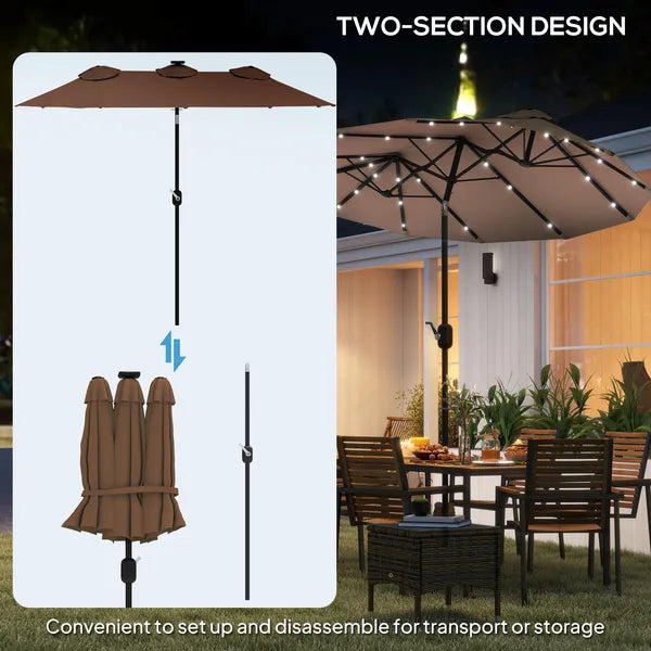 Outsunny Double-sided Patio Umbrella, 9.7 ft. Outdoor Umbrella with 45-Degree Tilt and Crank, LED Solar Light and 12 Ribs, Coffee - product image 8