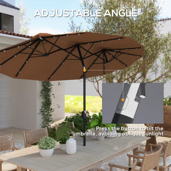 Outsunny Double-sided Patio Umbrella, 9.7 ft. Outdoor Umbrella with 45-Degree Tilt and Crank, LED Solar Light and 12 Ribs, Coffee - product image 4