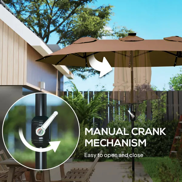 Outsunny Double-sided Patio Umbrella, 9.7 ft. Outdoor Umbrella with 45-Degree Tilt and Crank, LED Solar Light and 12 Ribs, Coffee - product image 6