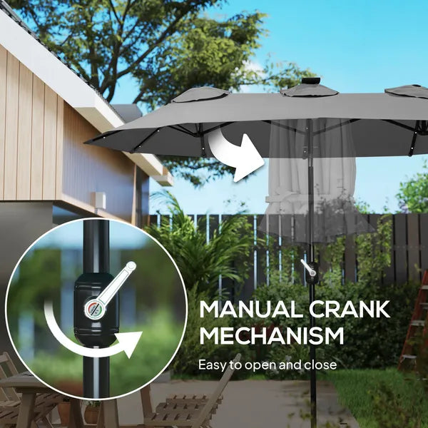 Outsunny Double-sided Patio Umbrella, 9.7' Outdoor Umbrella with Tilt and Crank, LED Solar Light and 12 Ribs, Gray - product image 6