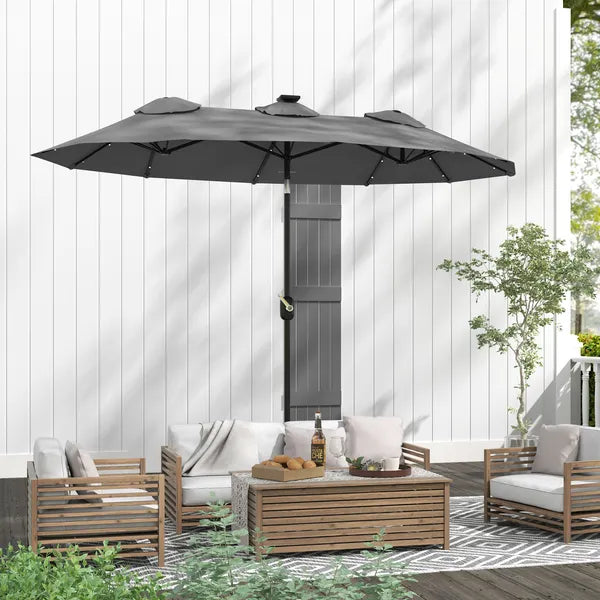 Outsunny Double-sided Patio Umbrella, 9.7' Outdoor Umbrella with Tilt and Crank, LED Solar Light and 12 Ribs, Gray - product image 9