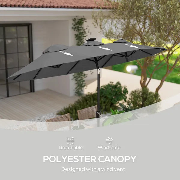 Outsunny Double-sided Patio Umbrella, 9.7' Outdoor Umbrella with Tilt and Crank, LED Solar Light and 12 Ribs, Gray - product image 7