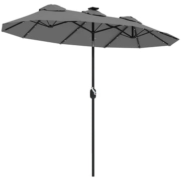 Outsunny Double-sided Patio Umbrella, 9.7' Outdoor Umbrella with Tilt and Crank, LED Solar Light and 12 Ribs, Gray - product image 1