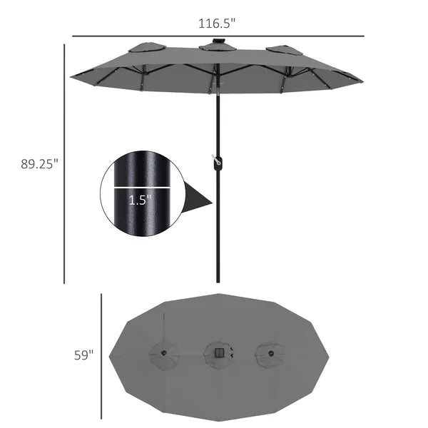 Outsunny Double-sided Patio Umbrella, 9.7' Outdoor Umbrella with Tilt and Crank, LED Solar Light and 12 Ribs, Gray - product image 3